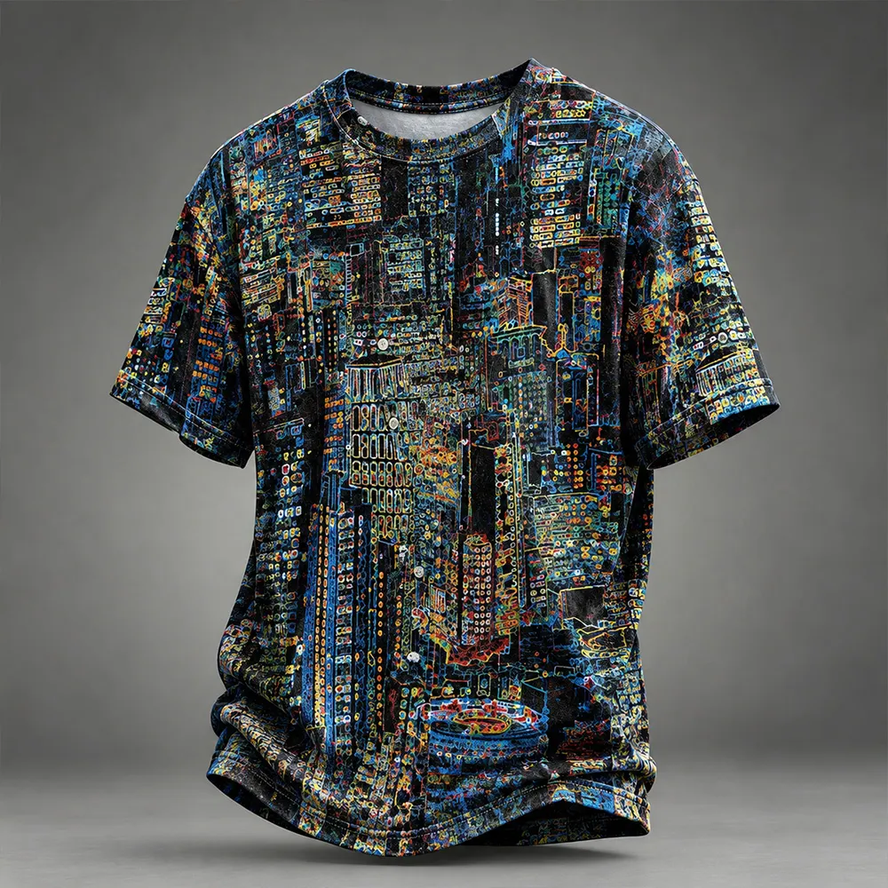 Men's Geometric Luminous Building Print Casual T-shirt
