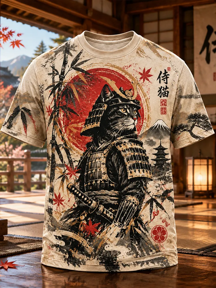 Men's Japanese Samurai Cat, Mt. Fuji And Bamboo Pattern Short-sleeve T-shirt