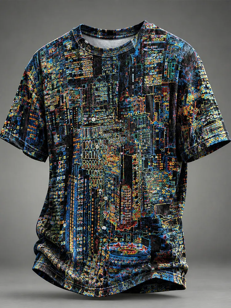 Men's Geometric Luminous Building Print Casual T-shirt