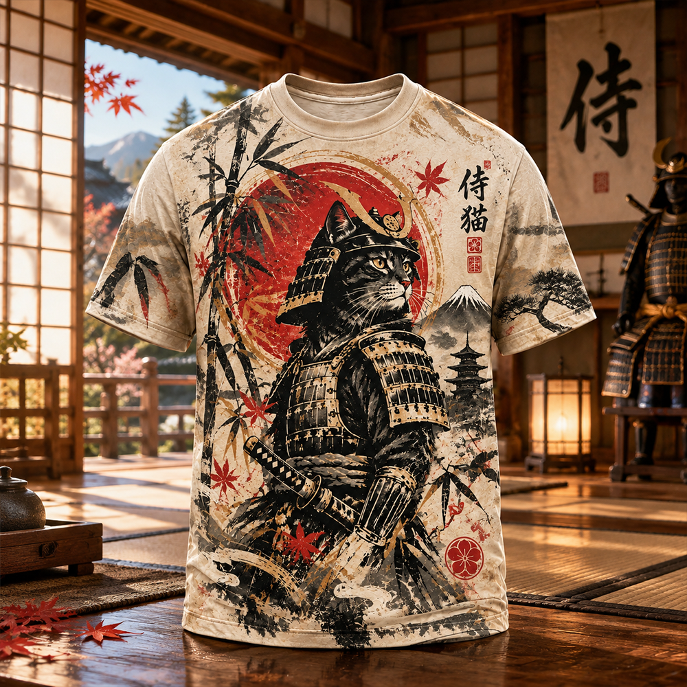 Men's Japanese Samurai Cat, Mt. Fuji And Bamboo Pattern Short-sleeve T-shirt