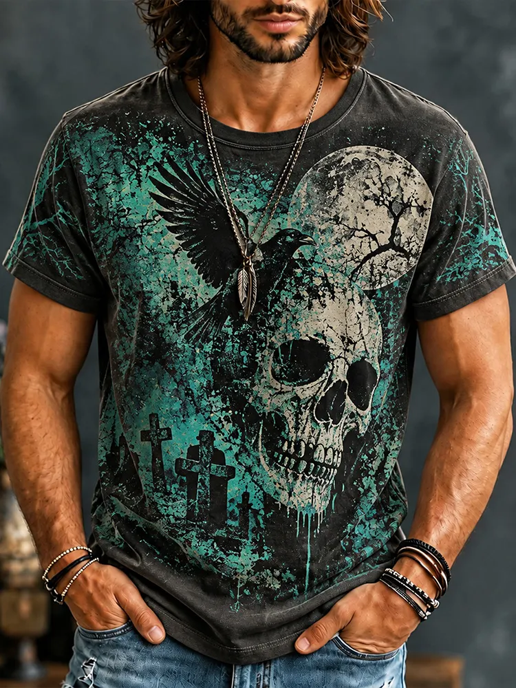 Men's Vintage Washed Gothic Skull Crow Graveyard Graphic T-shirt