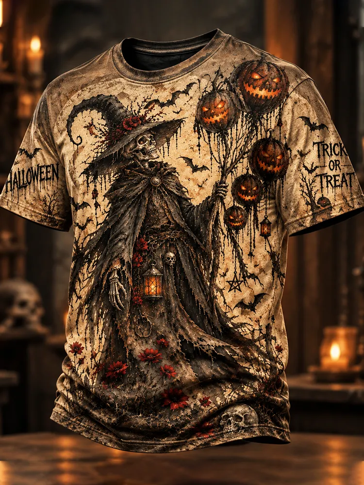 Men's Trick Or Treat Halloween Pumpkin Witch & Skull Pattern Short-sleeve T-shirt