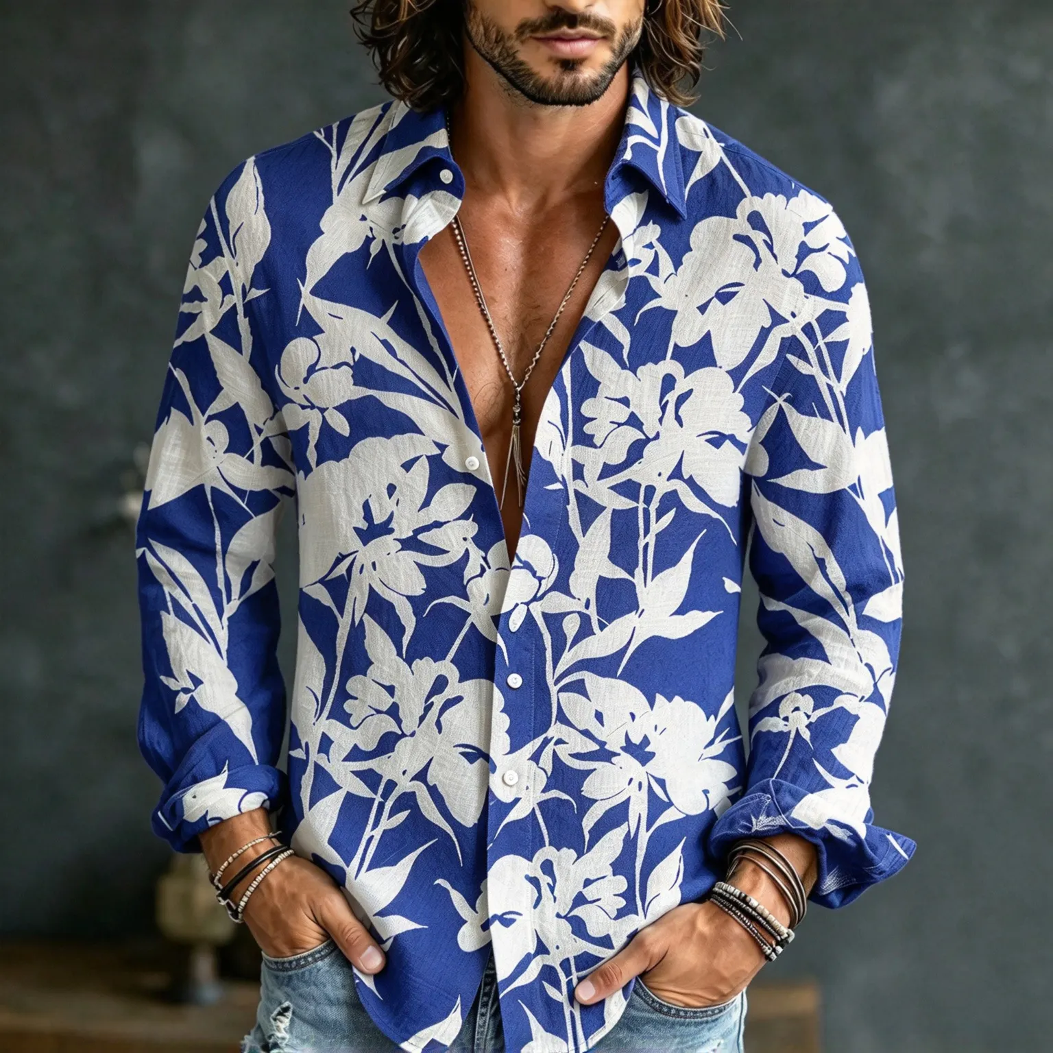 Men's Vintage-style Japanese Floral Print Shirt