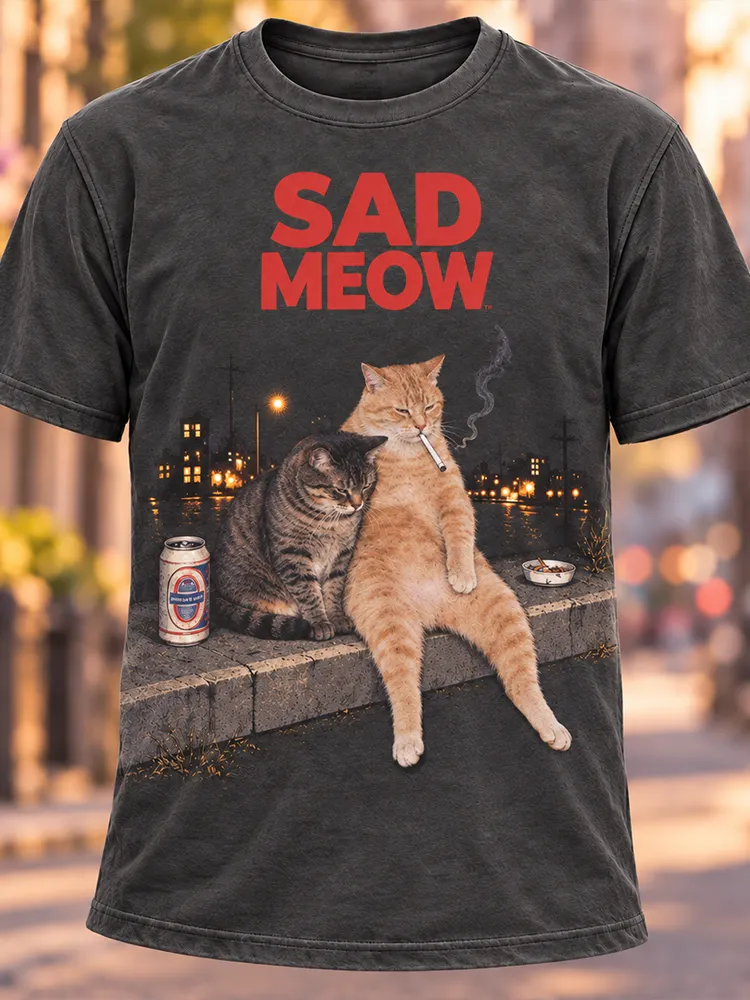 Men's Dark Grey "sad Meow" Vintage Graphic Print Casual T-shirt