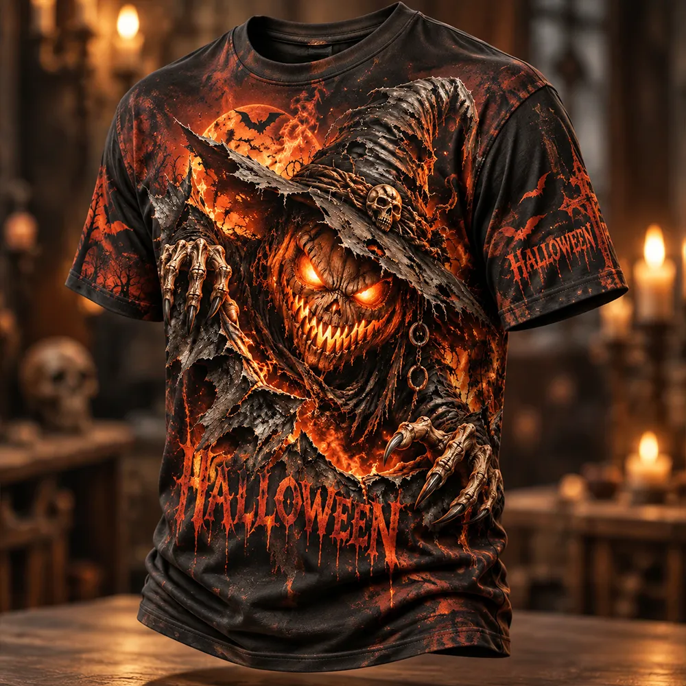 Men's Halloween Spooky Pumpkin Monster Pattern Short-sleeve T-shirt