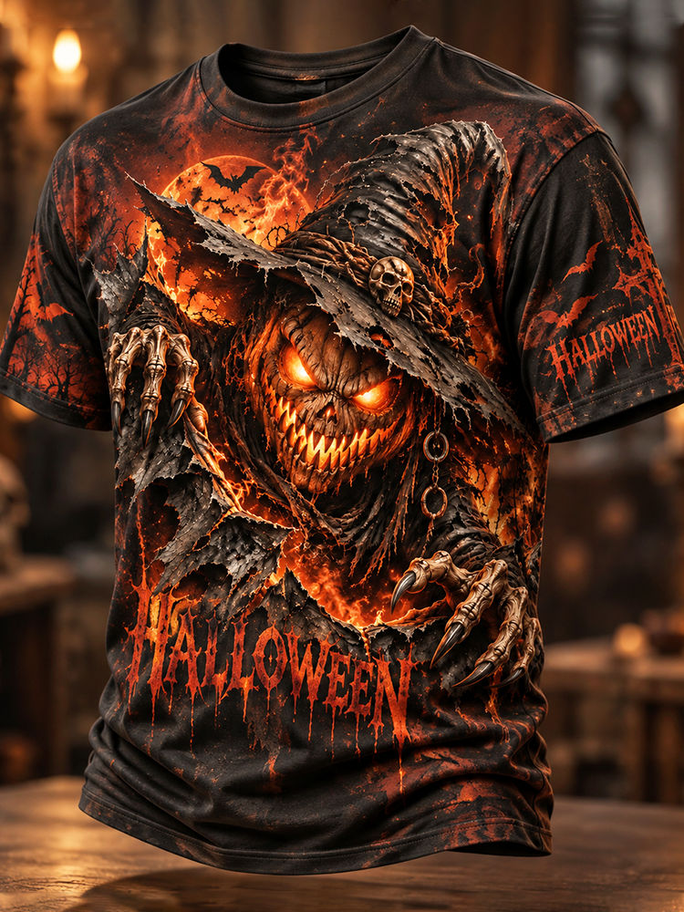 Men's Halloween Spooky Pumpkin Monster Pattern Short-sleeve T-shirt