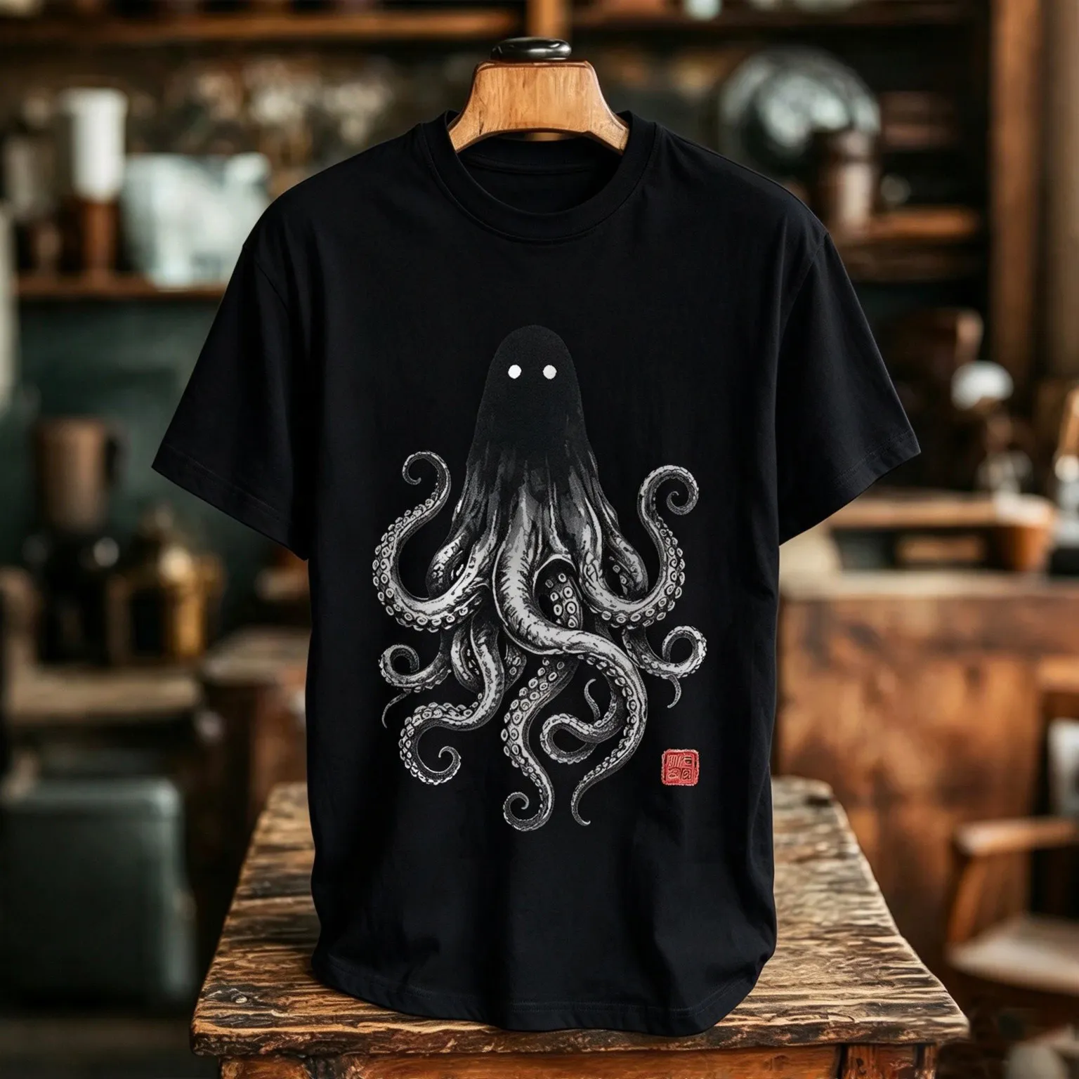 Men's Retro Spooky Ghost Octopus Print Short Sleeve T-shirt