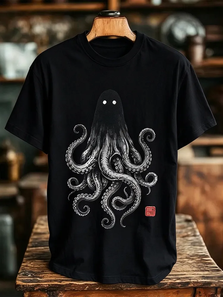 Men's Retro Spooky Ghost Octopus Print Short Sleeve T-shirt