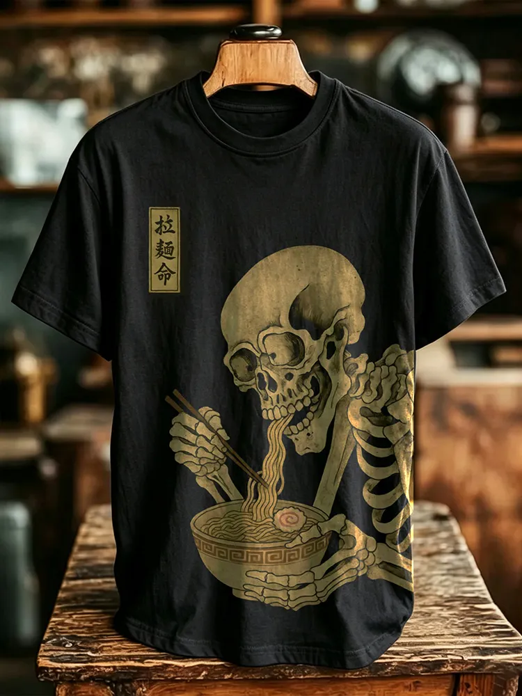 Men's Retro Halloween Ramen Skull Print Short Sleeve T-shirt