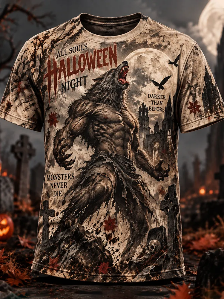 Men's Werewolf, Full Moon & Graveyard Halloween Graphic T-shirt
