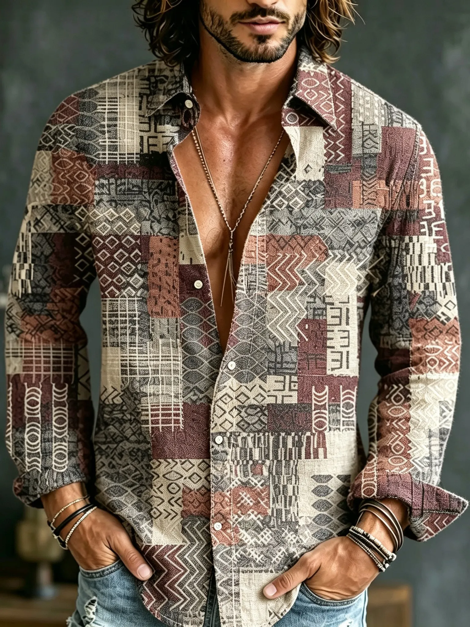 Men's Retro Geometric Print Shirt