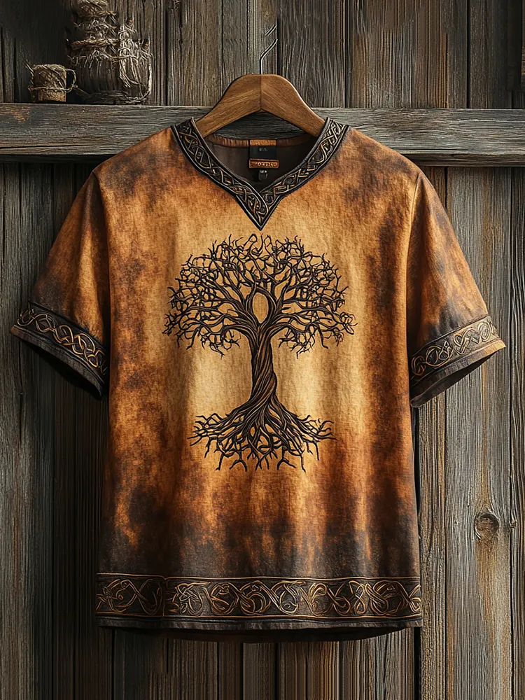 Men's Viking Celtic Knot Art Linen V-neck T Shirt