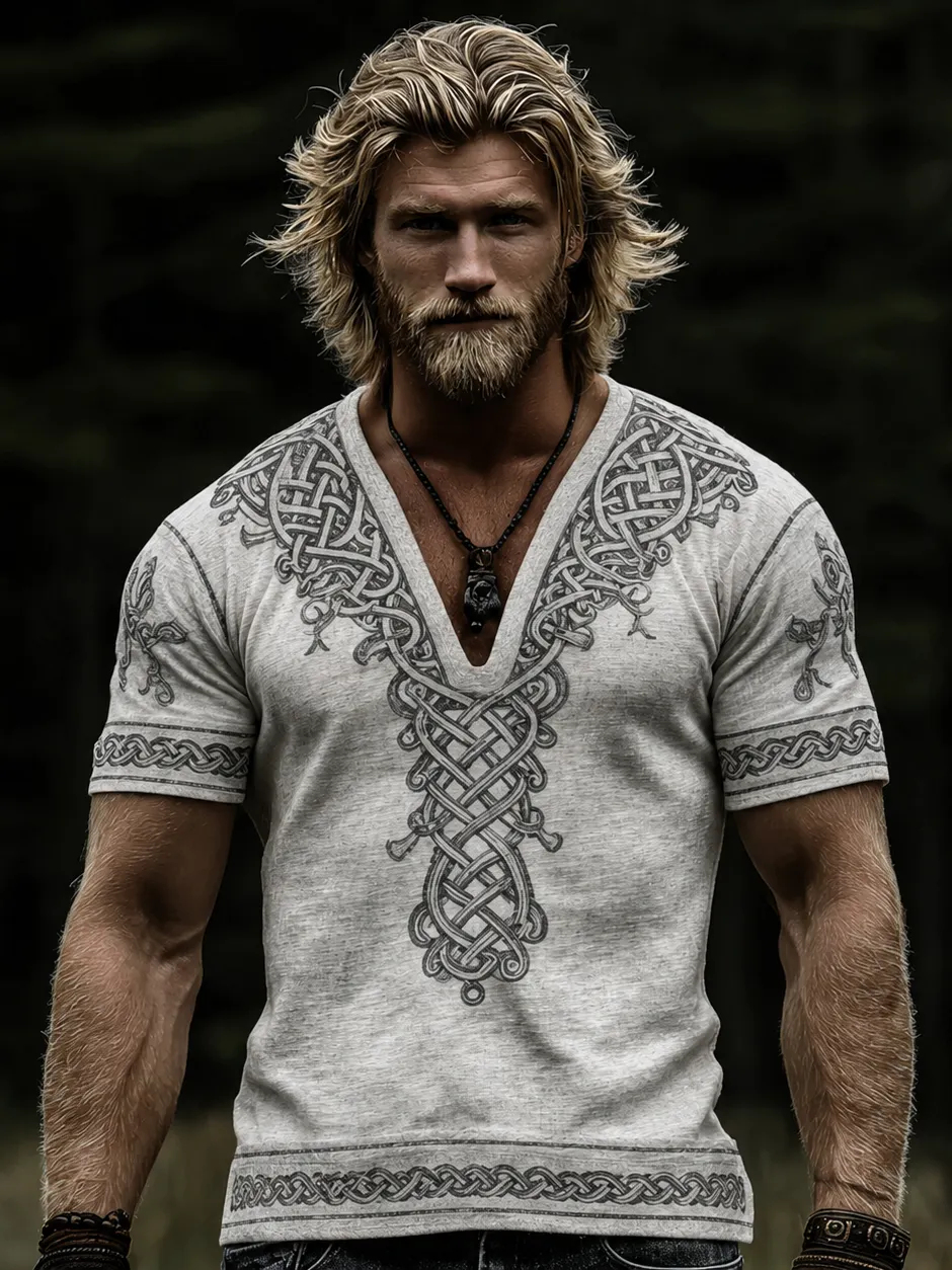 Men's Vintage Viking Celtic Knot Art Linen V-neck T-shirt