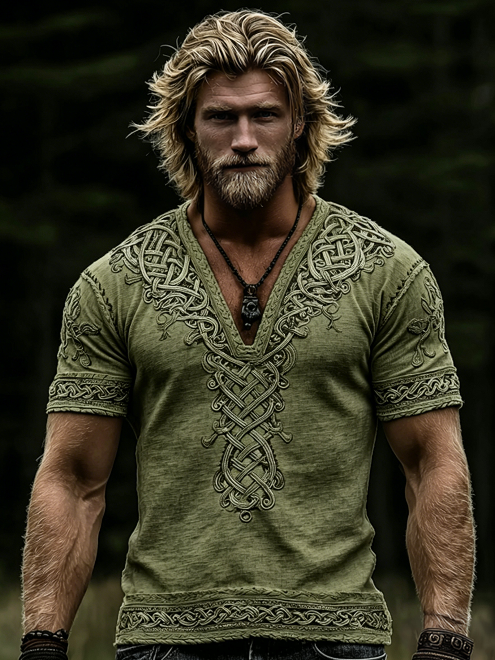 Men's Vintage Viking Celtic Knot Art Linen V-neck T-shirt