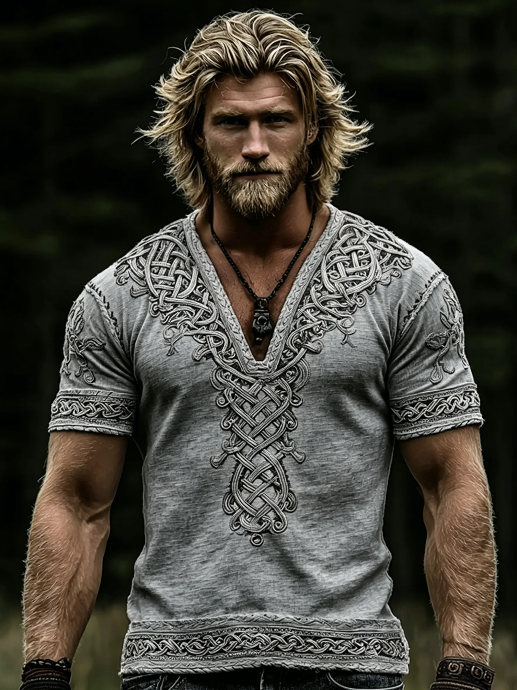 Men's Vintage Viking Celtic Knot Art Linen V-neck T-shirt