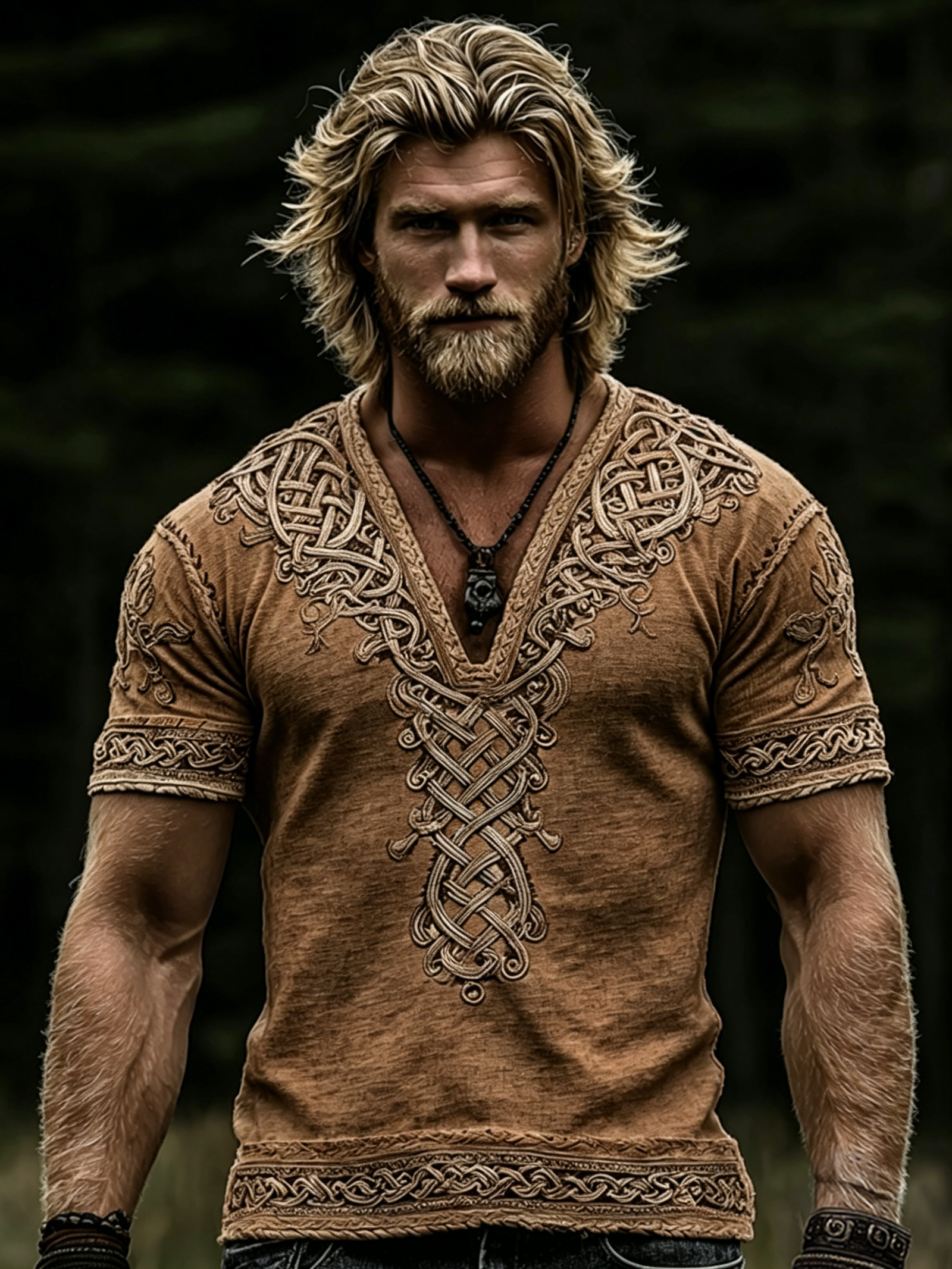 Men's Vintage Viking Celtic Knot Art Linen V-neck T-shirt