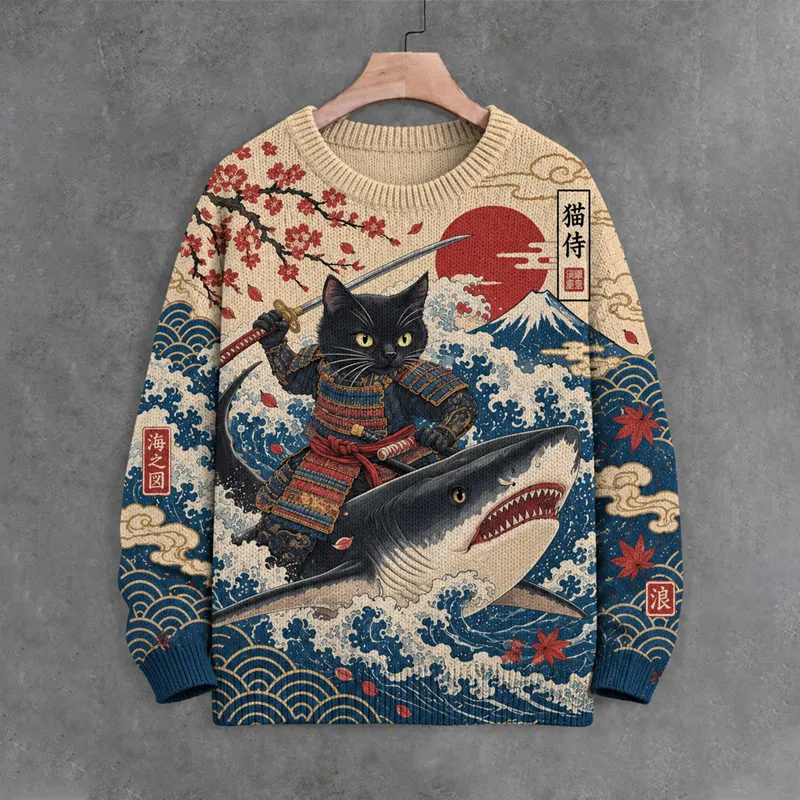 Men's Japanese Art Cat Riding Shark Print Shirt