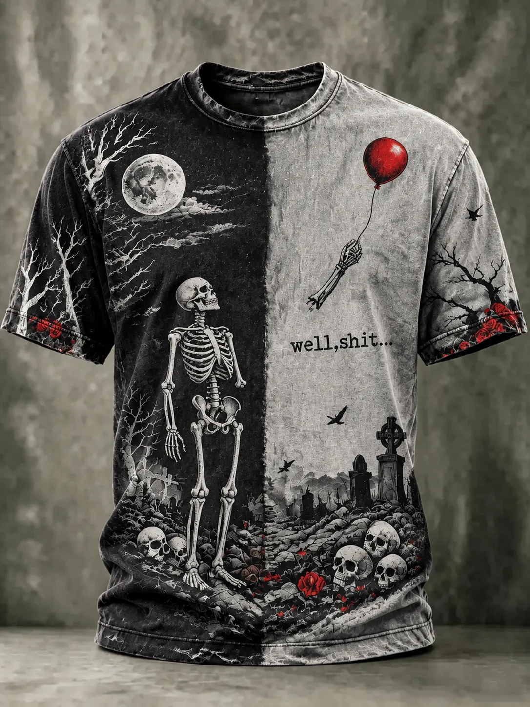 Men's Vintage Funny Zombie Red Balloon Graphic Print Casual T-shirt