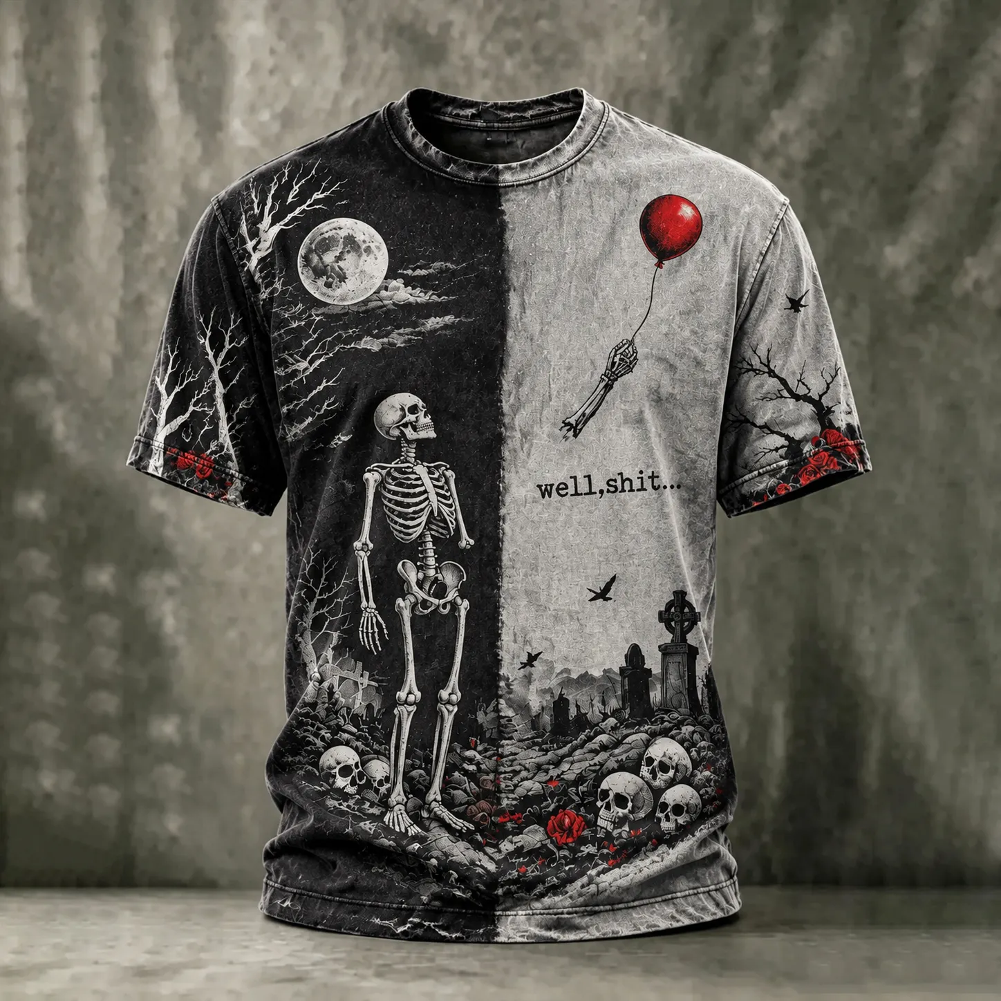 Men's Vintage Funny Zombie Red Balloon Graphic Print Casual T-shirt