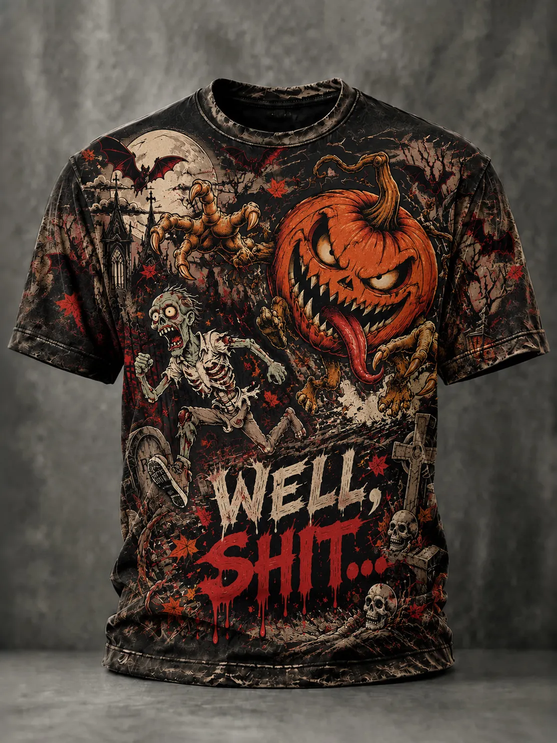 Men's Vintage Funny Zombie Well Shit Graphic Print Casual T-shirt