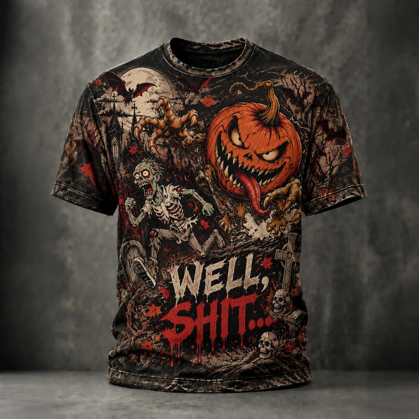 Men's Vintage Funny Zombie Well Shit Graphic Print Casual T-shirt