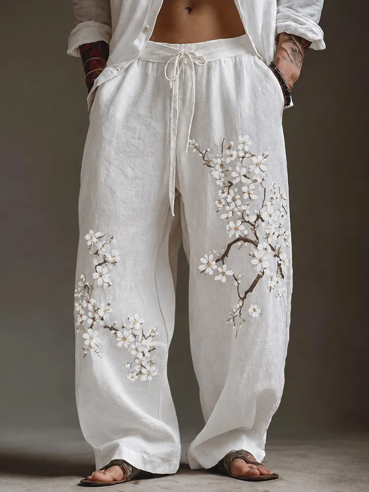 Men's White Almond Blossom Flowy Wide Leg Linen Pants