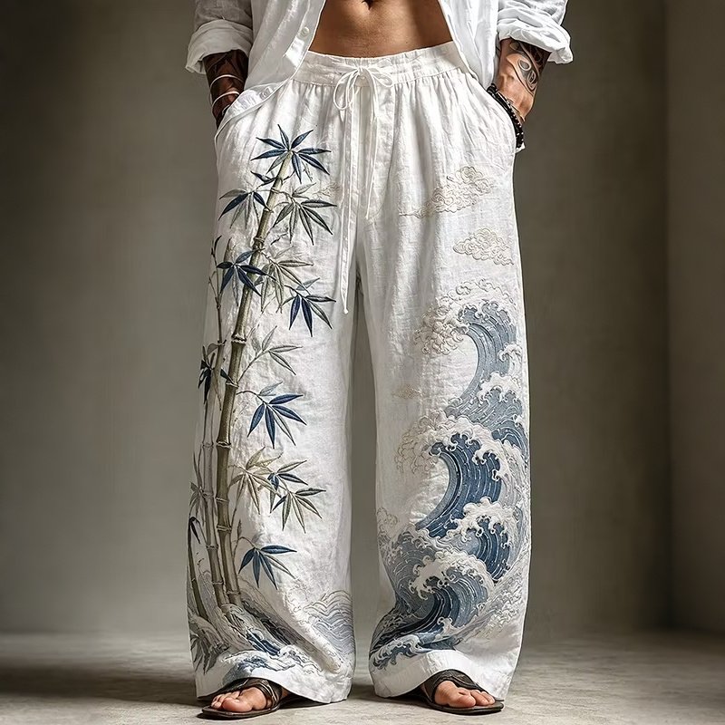Men's Japanese Wave With Bamboo Art Casual Pants