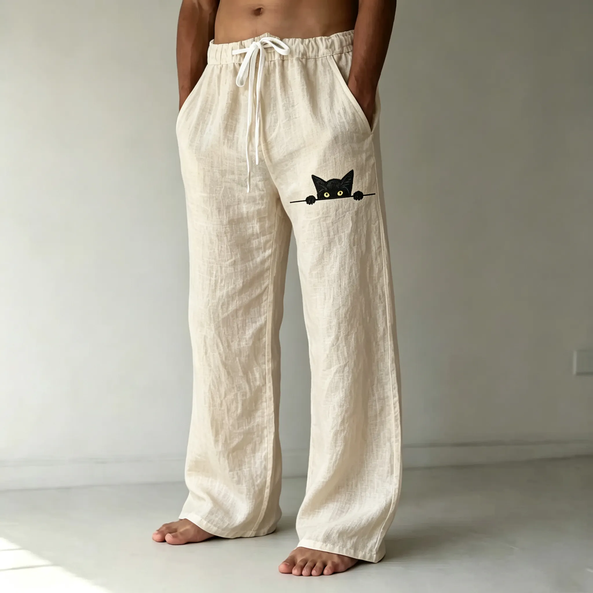 Men's Black Cat Art Print Casual Linen Blend Pants