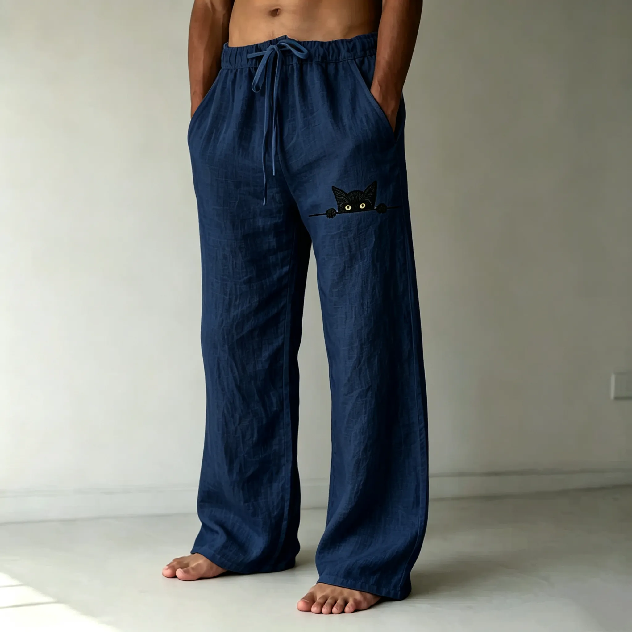 Men's Black Cat Art Print Casual Linen Blend Pants