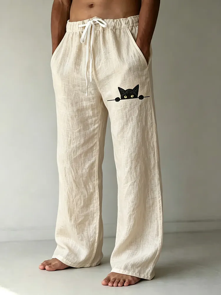 Men's Black Cat Art Print Casual Linen Blend Pants