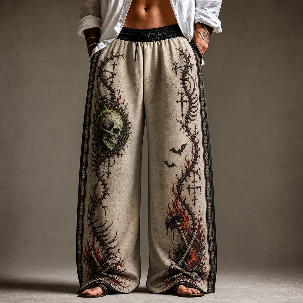 Men's Gothic Wide-leg Pants - Vintage Skulls, Spiked Crosses And Spine Bones Print Casual Trousers