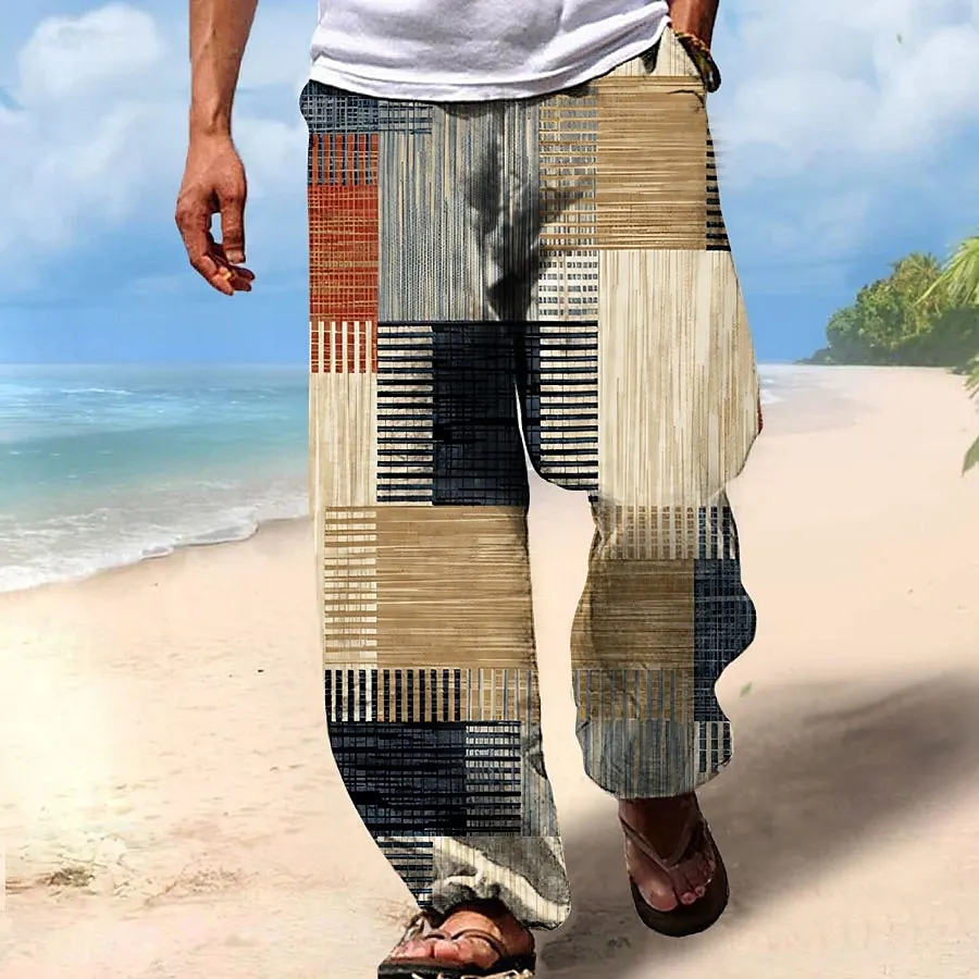Vintage Beach Drawstring Elastic Waist Geometric Art Linen Blend Casual Pants
