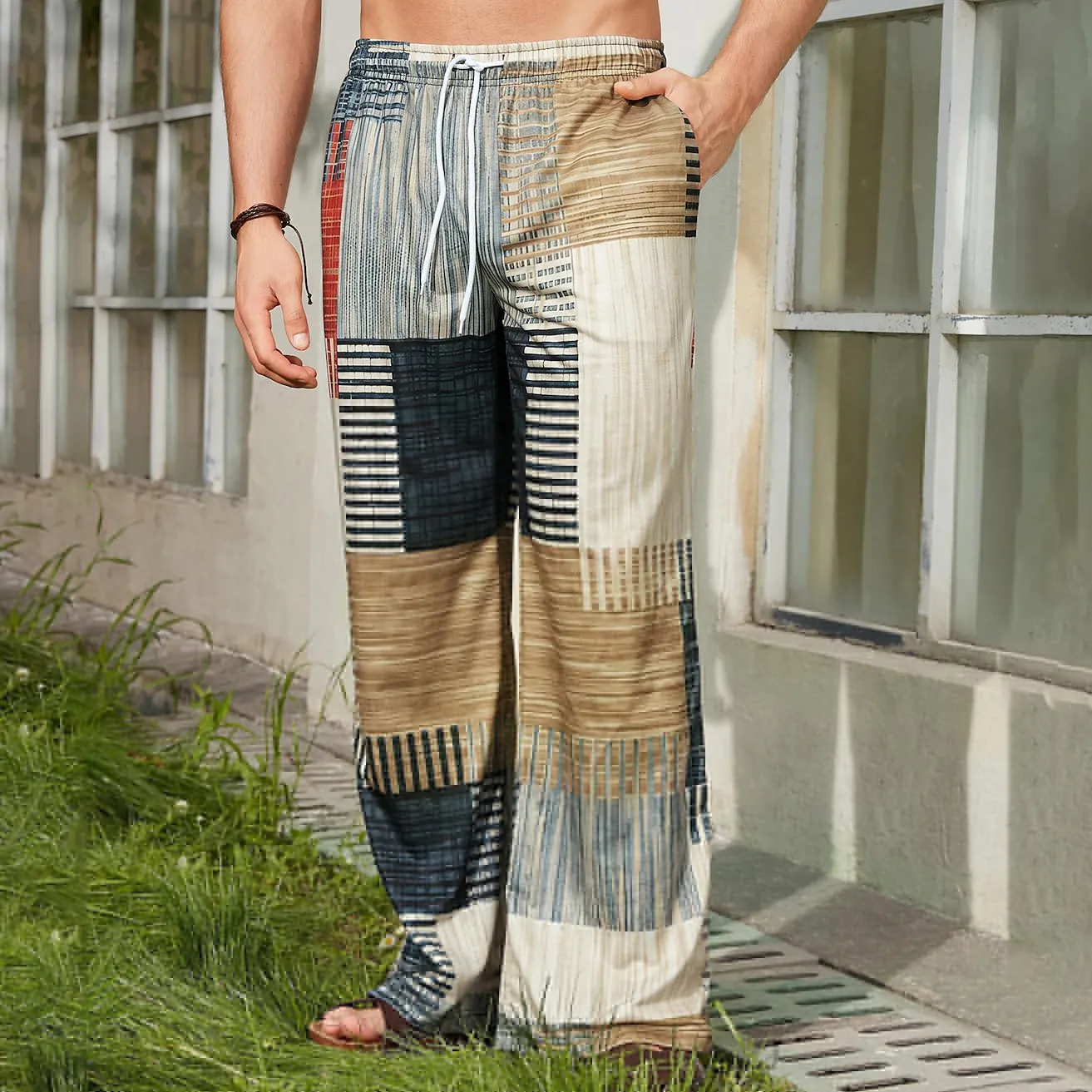 Vintage Beach Drawstring Elastic Waist Geometric Art Linen Blend Casual Pants