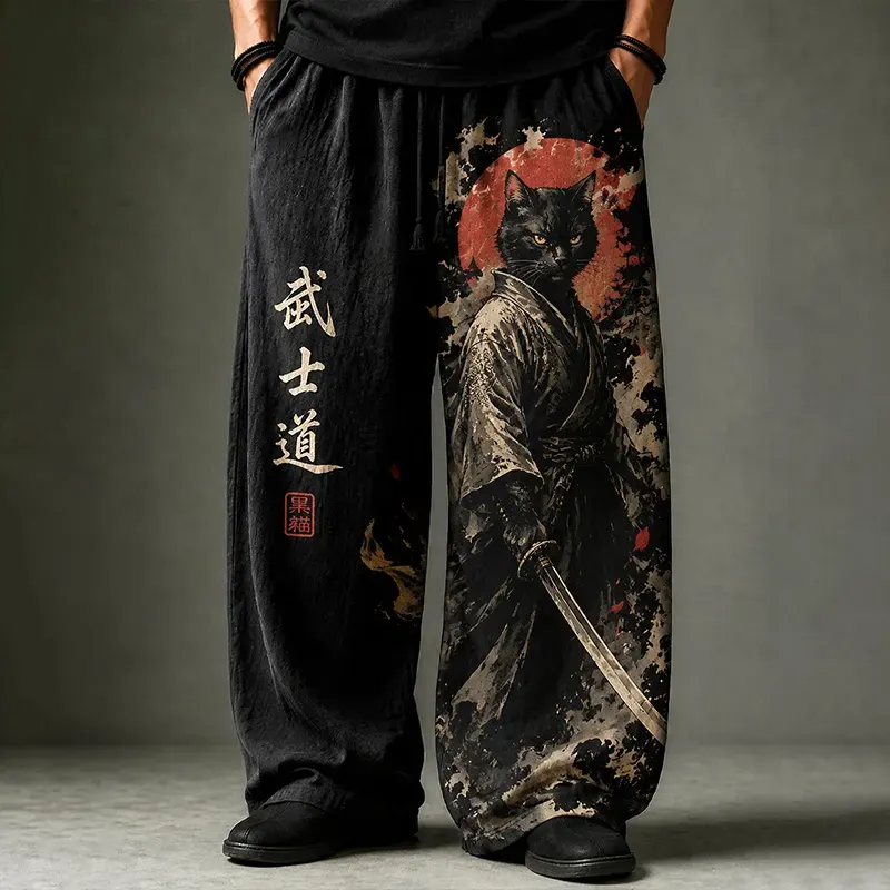 Men's Japanese Bushido Black Cat Samurai Art Print Loose Drawstring Waist Pants