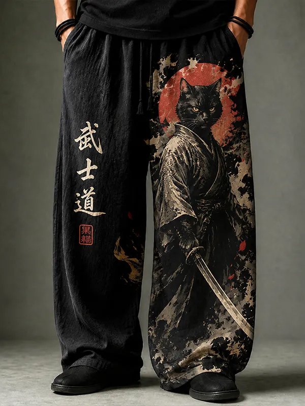 Men's Japanese Bushido Black Cat Samurai Art Print Loose Drawstring Waist Pants