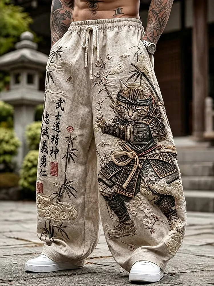 Men's Armored Samurai Cat Bamboo Sakura Print Casual Pants
