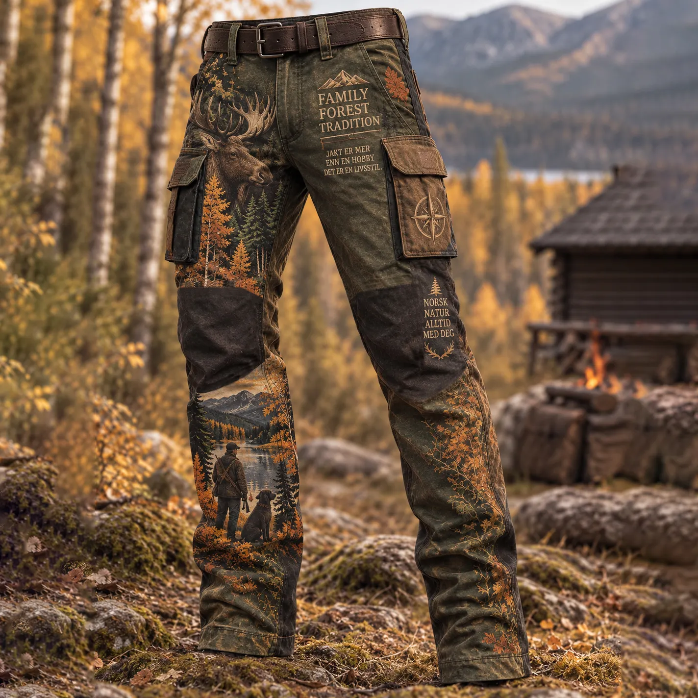 Men's Vintage Faith Traditional Reindeer Pattern Printed Multi-pocket Cargo Casual Pants