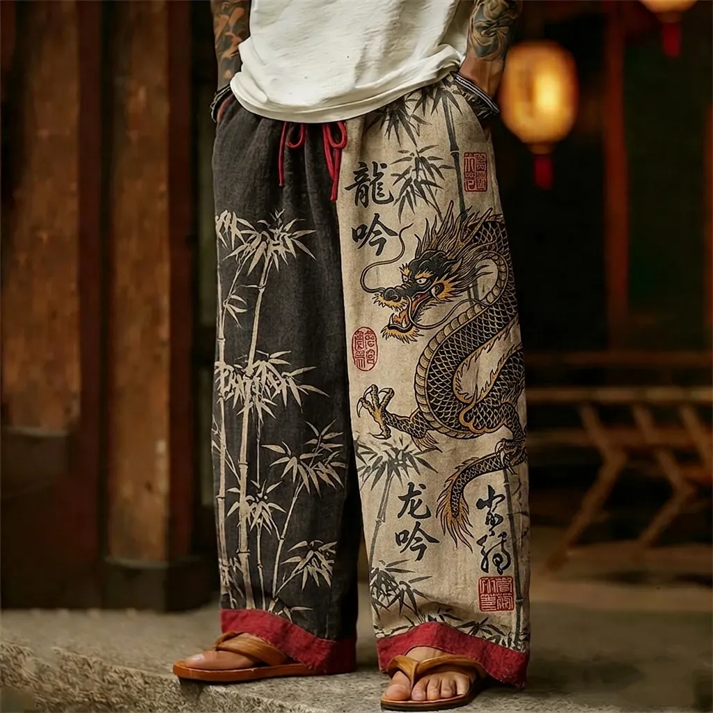 Men's Vintage Japanese Bamboo And Dragon Art Print Casual Pants