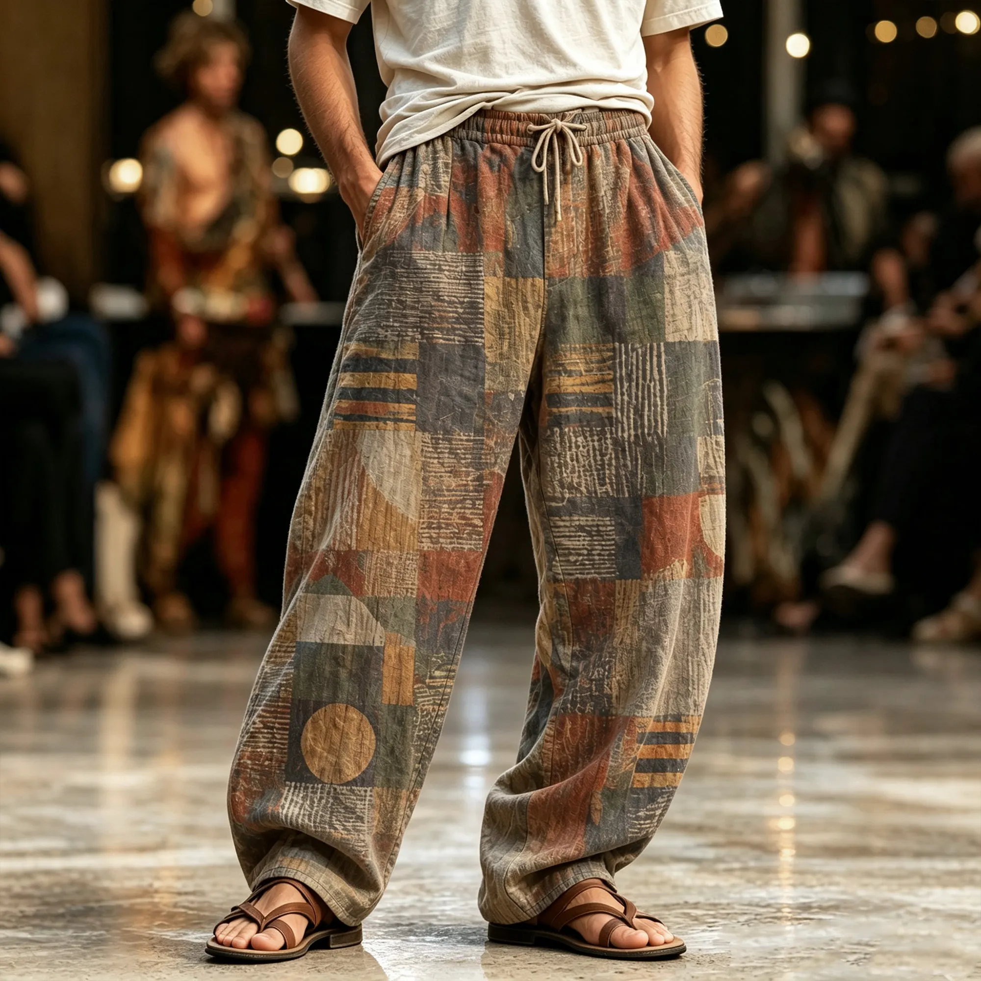 Men's Retro Bohemian Geometric Color-block Print Casual Pants