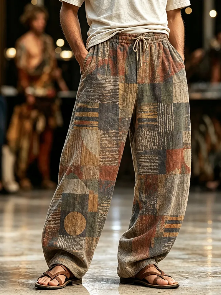 Men's Retro Bohemian Geometric Color-block Print Casual Pants