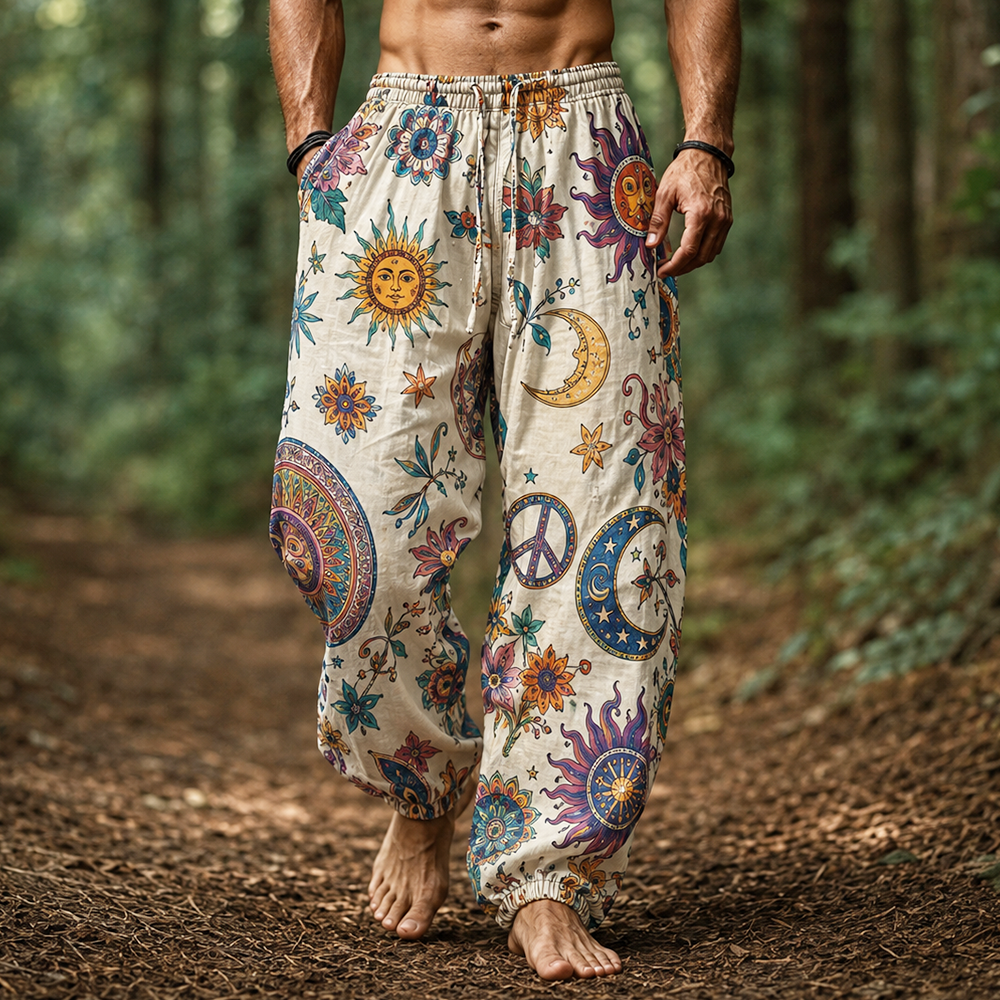 Men's Casual Drawstring Wide-leg Pants In Off-white With Boho Sun, Moon, And Peace Sign Print