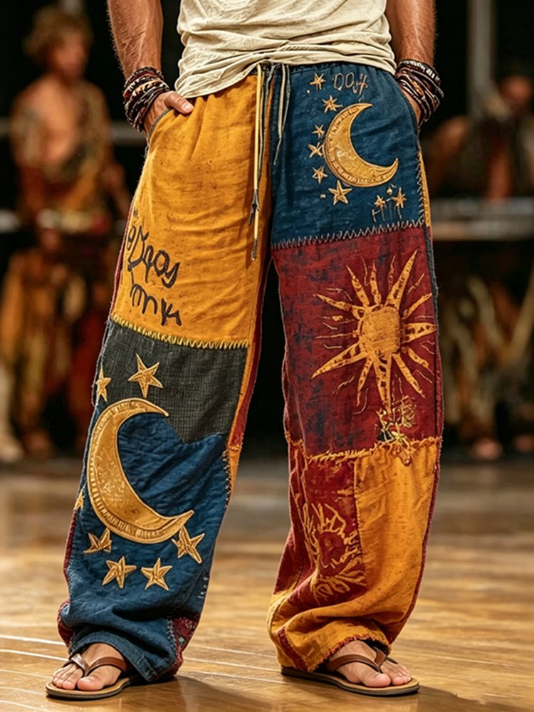 Men's Vintage Hippie Sun Moon Patchwork Print Casual Pants