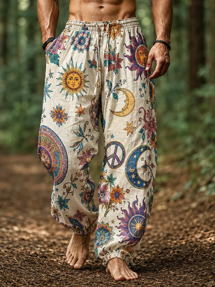Men's Casual Drawstring Wide-leg Pants In Off-white With Boho Sun, Moon, And Peace Sign Print