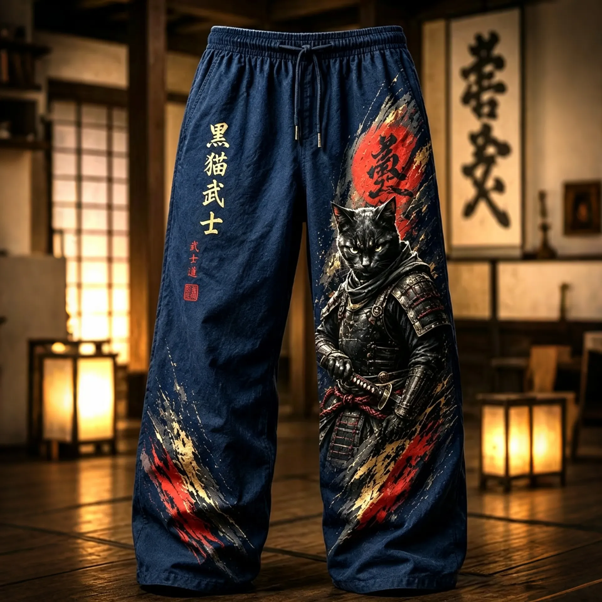 Men's Brave Black Cat Samurai Japanese Art Print Casual Linen Blend Pants