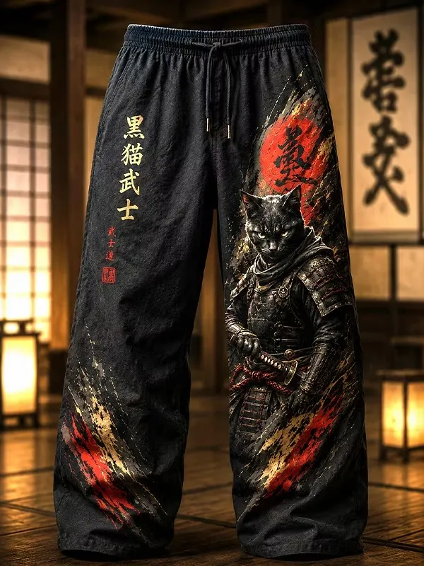 Men's Brave Black Cat Samurai Japanese Art Print Casual Linen Blend Pants