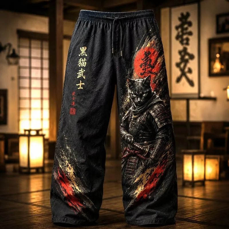 Men's Brave Black Cat Samurai Japanese Art Print Casual Linen Blend Pants