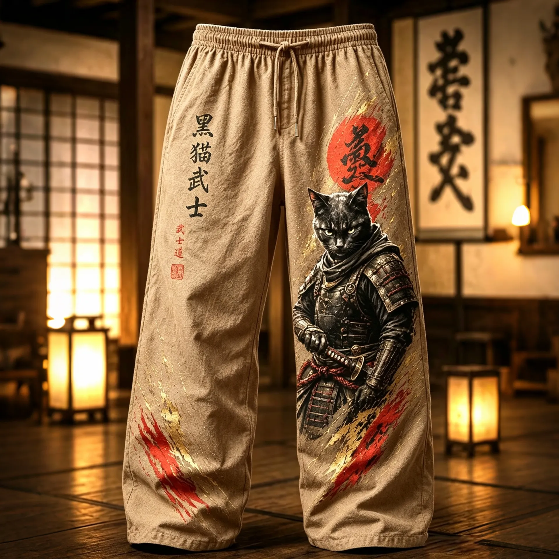 Men's Brave Black Cat Samurai Japanese Art Print Casual Linen Blend Pants