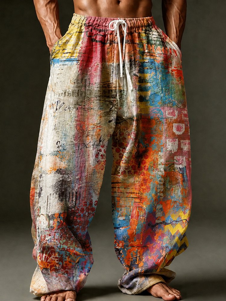Men's Retro Abstract Geometric Art Print Straight Leg Casual Pants