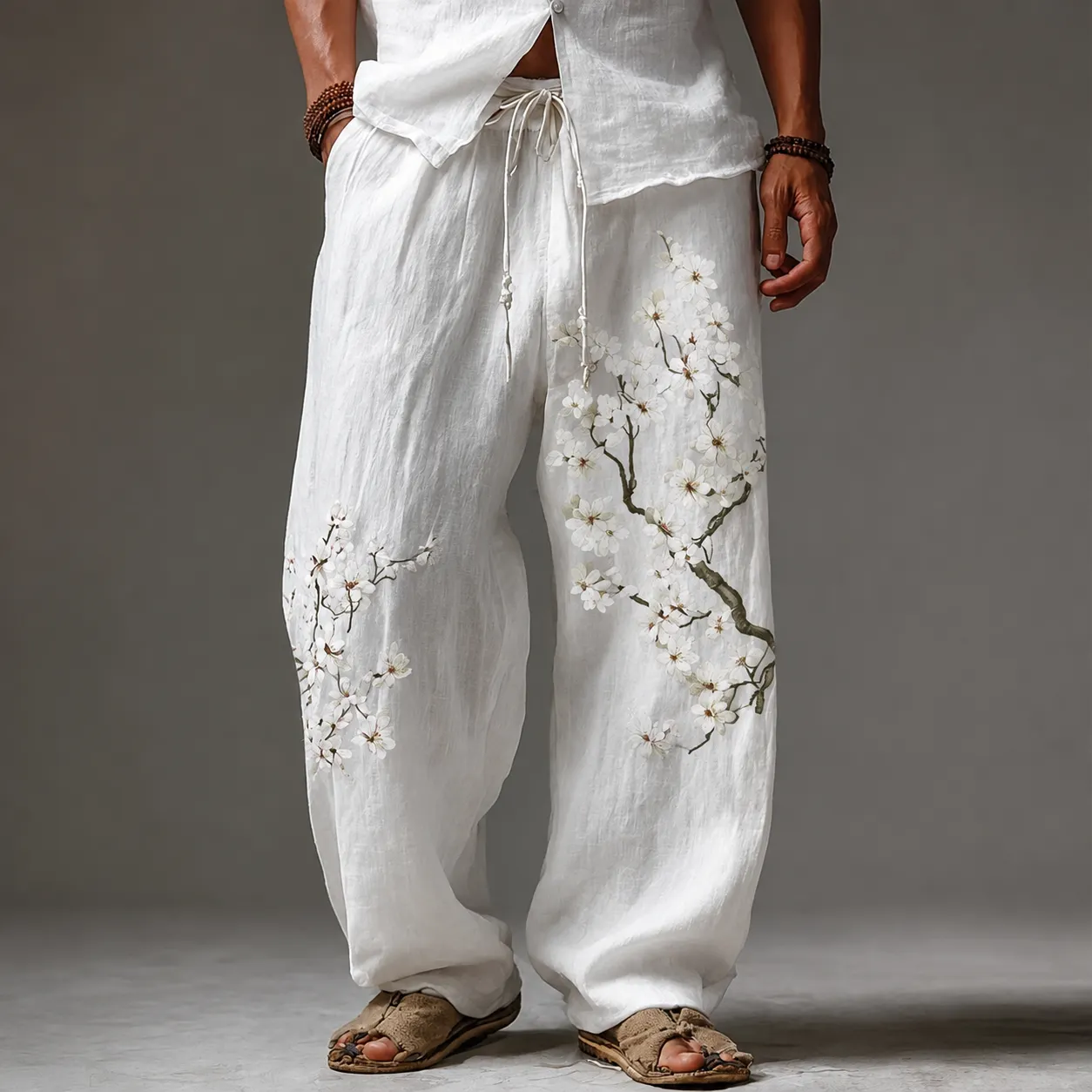 Men's Japanese Almond Blossom Flowy Linen Wide Leg Pants