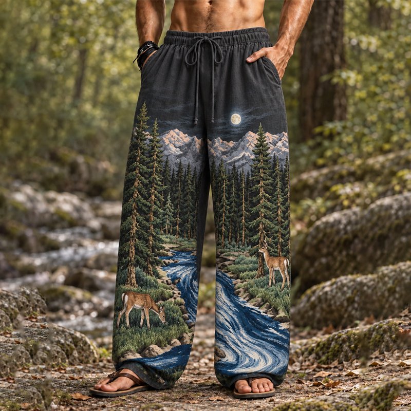 Men's Western Hippie Hunting Style Forest Moose Loose Pants